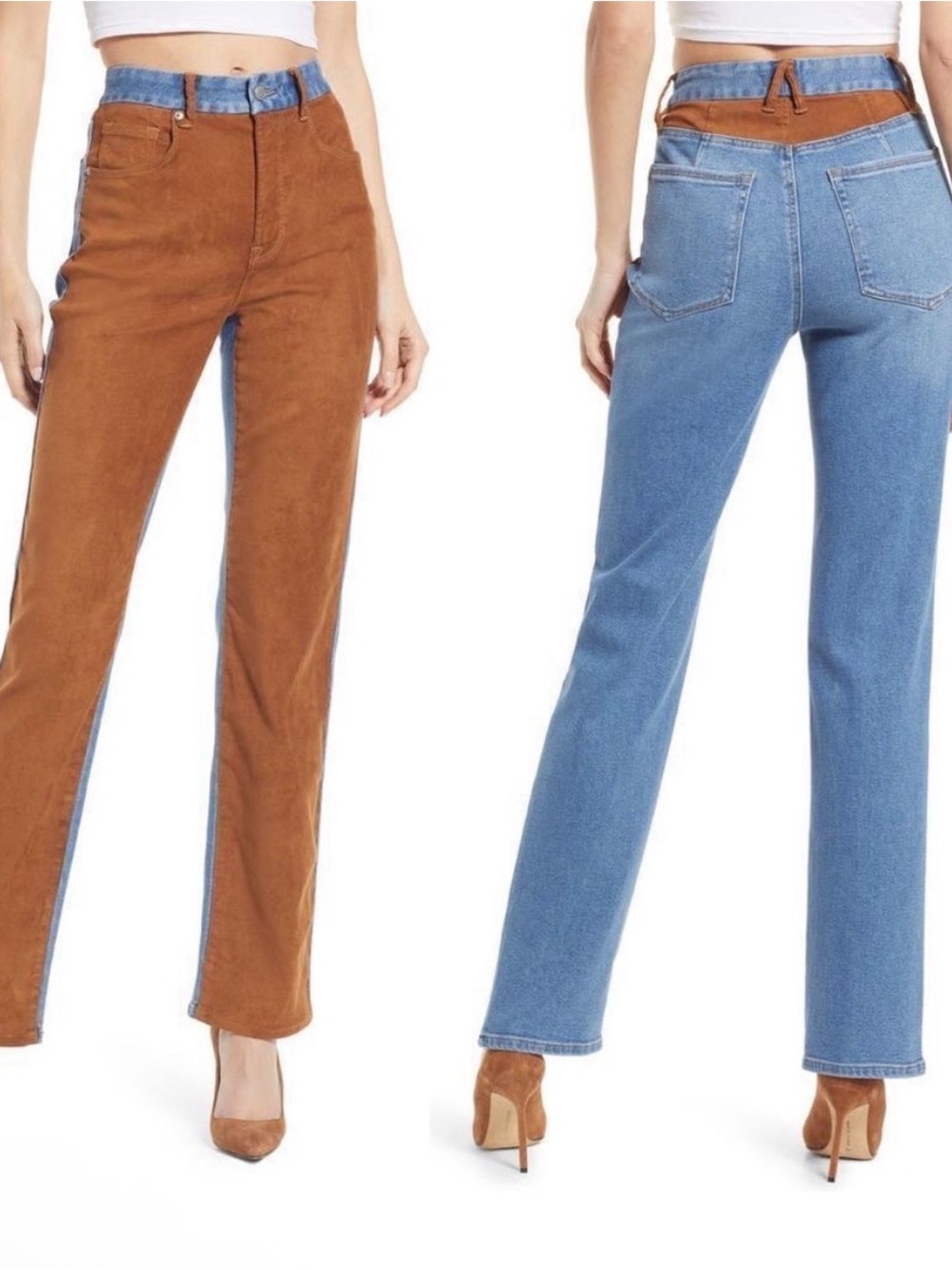 Good American Two-Tone Brown and Blue Straight-Leg Jeans